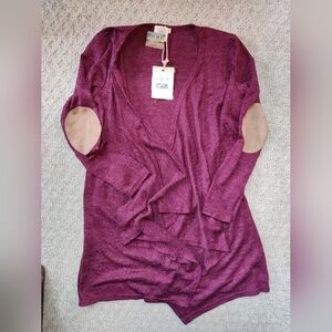 Burgundy Open Front Sweater with Elbow Patches